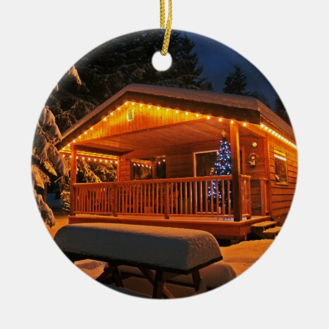 Beautiful Christmas Lights on Log Cabin in Snow Ceramic Ornament (Front)