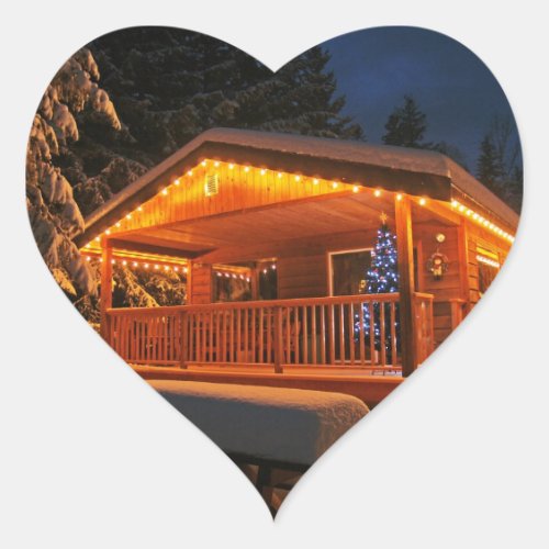 Beautiful Christmas Lights on Log Cabin in Snow Heart Sticker