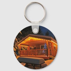 Beautiful Christmas Lights on Log Cabin in Snow Keychain