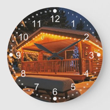 Beautiful Christmas Lights On Log Cabin In Snow Large Clock by UniqueChristmasGifts at Zazzle