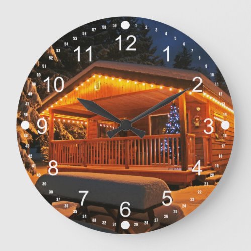 Beautiful Christmas Lights on Log Cabin in Snow Large Clock