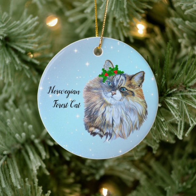 Beautiful Christmas Norwegian Forest Cat Holly  Ceramic Ornament (Tree)