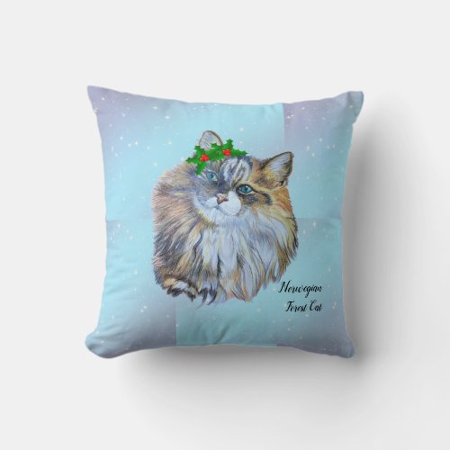 Beautiful Christmas Norwegian Forest Cat Holly    Throw Pillow