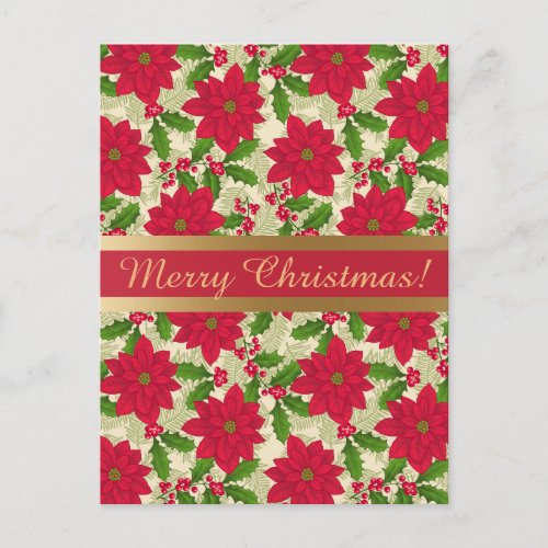 Beautiful Christmas Poinsettia Holly Pine branch Holiday Postcard