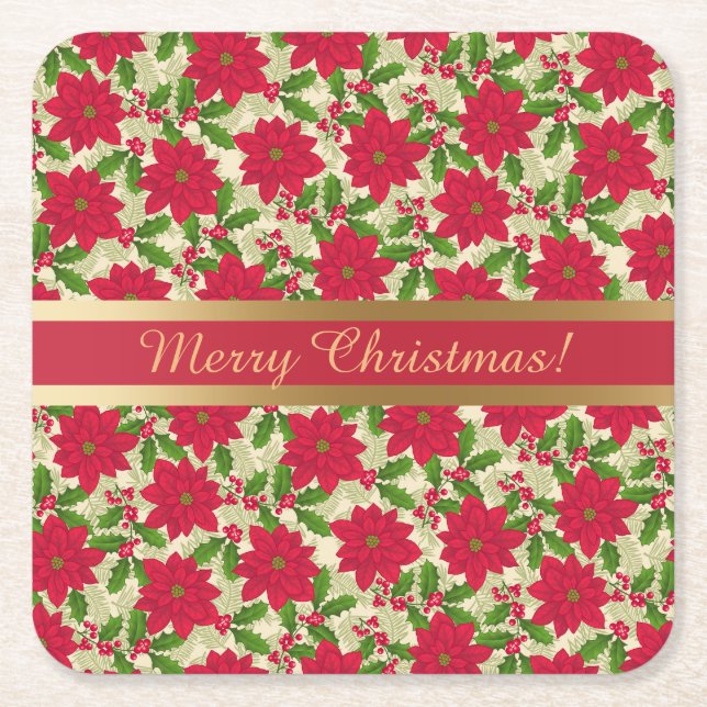 Beautiful Christmas Poinsettia, Holly, Pine branch Square Paper Coaster (Front)
