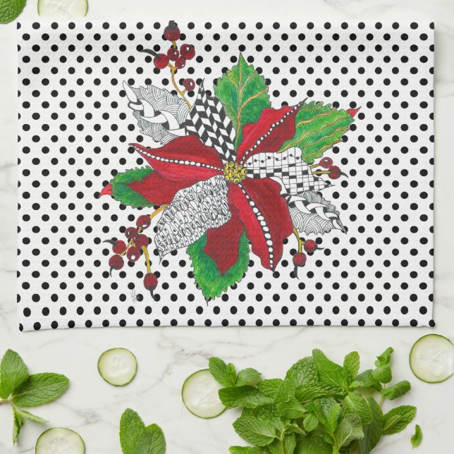 Beautiful Christmas Poinsettia Kitchen Towel (Folded)