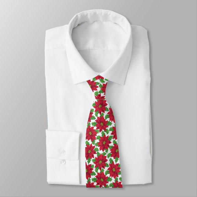 Beautiful Christmas Poinsettia pattern on white Tie (Tied)