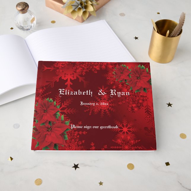 Beautiful Christmas Red Poinsettia and Snowflakes  Guest Book (Front Open)