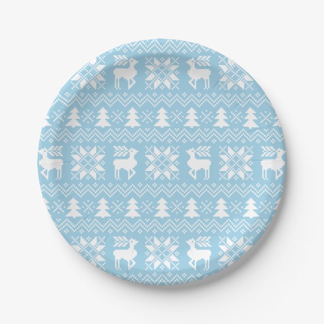 Beautiful Christmas Sweater Inspired Blue Patttern Paper Plates (Front)