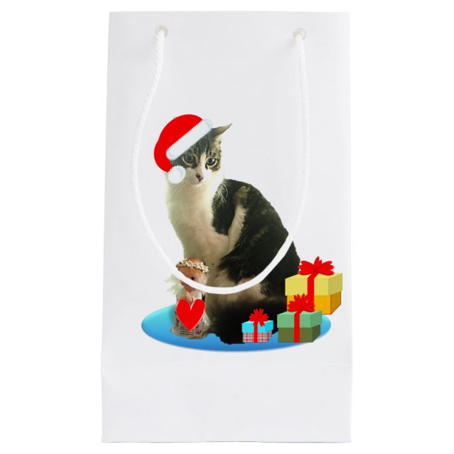 Beautiful Christmas Tabby Cat Small Gift Bag (Front)