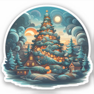 Beautiful Christmas Tree In Forest Happy Holiday Sticker