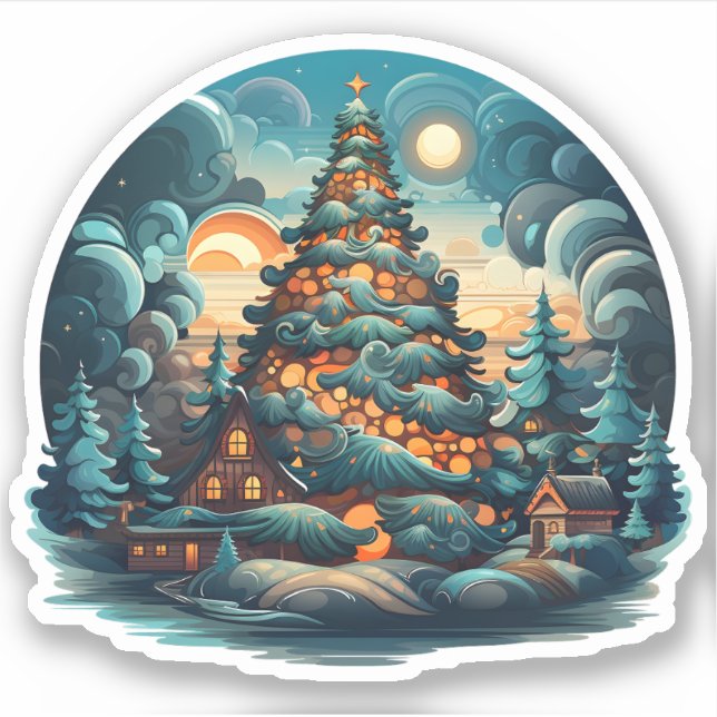 Beautiful Christmas Tree In Forest Happy Holiday Sticker (Front)