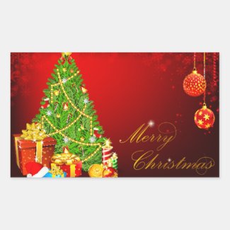 Beautiful Christmas Tree,Red & Golden Balls Rectangular Sticker