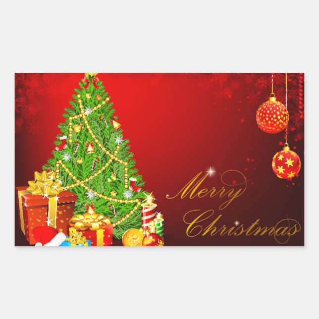 Beautiful Christmas Tree,Red & Golden Balls Rectangular Sticker (Front)