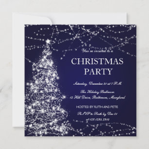 Beautiful Christmas Tree Shining Stars Party Blue Invitation