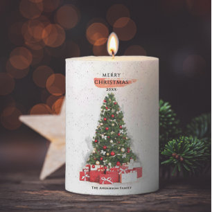 Beautiful Christmas Tree Watercolor Holidays Art Pillar Candle