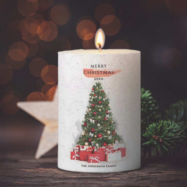 Beautiful Christmas Tree Watercolor Holidays Art Pillar Candle (Creator Uploaded)