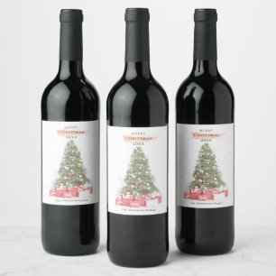 Beautiful Christmas Tree Watercolor Holidays Art Wine Label