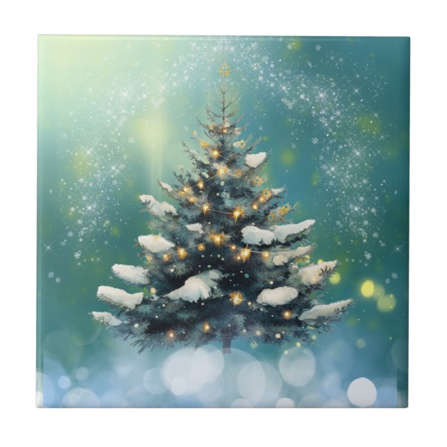 Beautiful Christmas Tree with Snow and Gold Lights Ceramic Tile (Front)