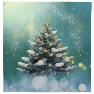 Beautiful Christmas Tree with Snow and Gold Lights Cloth Napkin
