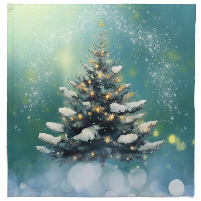 Beautiful Christmas Tree with Snow and Gold Lights Cloth Napkin (Front)