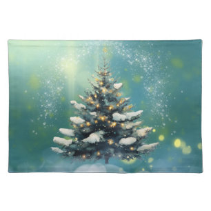Beautiful Christmas Tree with Snow and Gold Lights Cloth Placemat