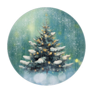 Beautiful Christmas Tree with Snow and Gold Lights Cutting Board