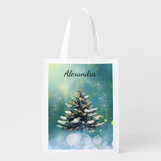 Beautiful Christmas Tree with Snow and Gold Lights Grocery Bag (Front)