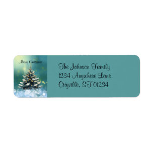 Beautiful Christmas Tree with Snow and Gold Lights Label