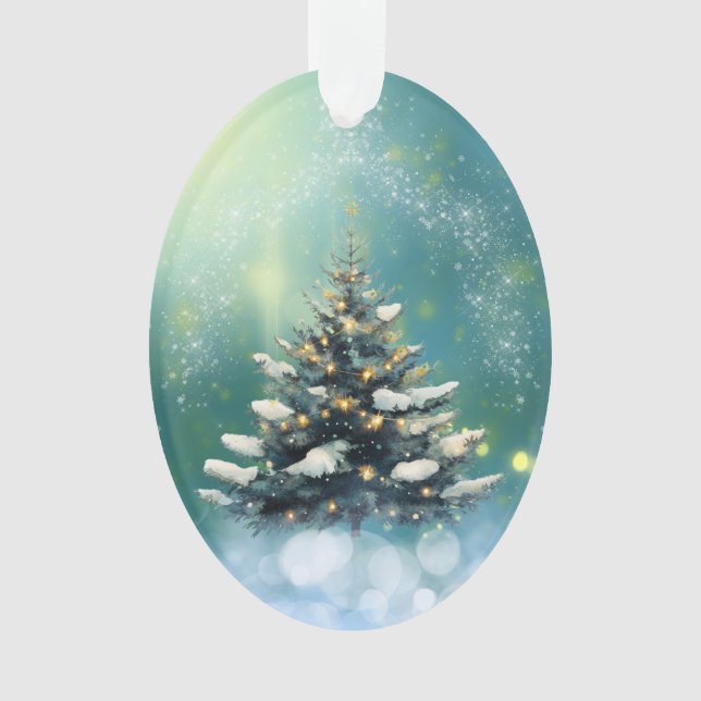 Beautiful Christmas Tree with Snow and Gold Lights Ornament (Front)