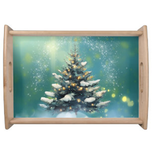 Beautiful Christmas Tree with Snow and Gold Lights Serving Tray