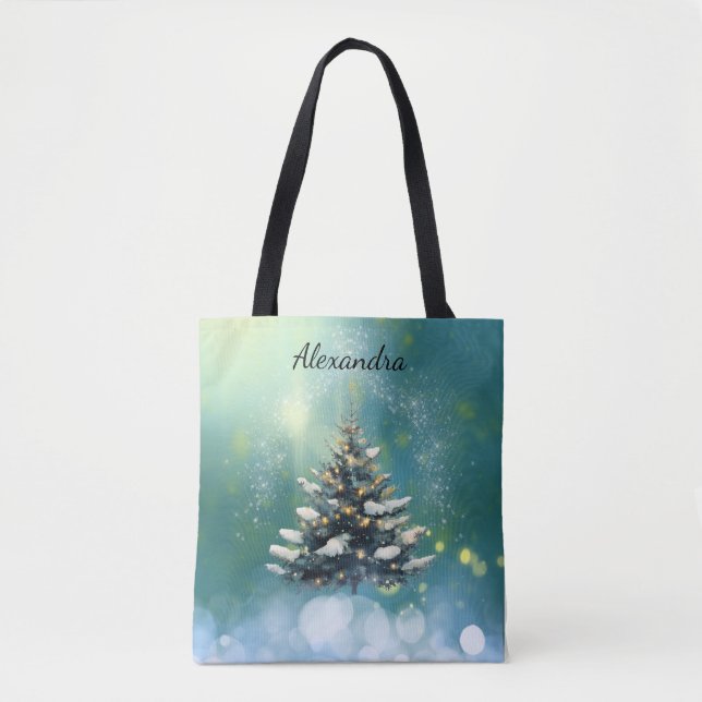 Beautiful Christmas Tree with Snow and Gold Lights Tote Bag (Front)