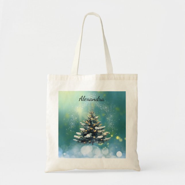 Beautiful Christmas Tree with Snow and Gold Lights Tote Bag (Front)