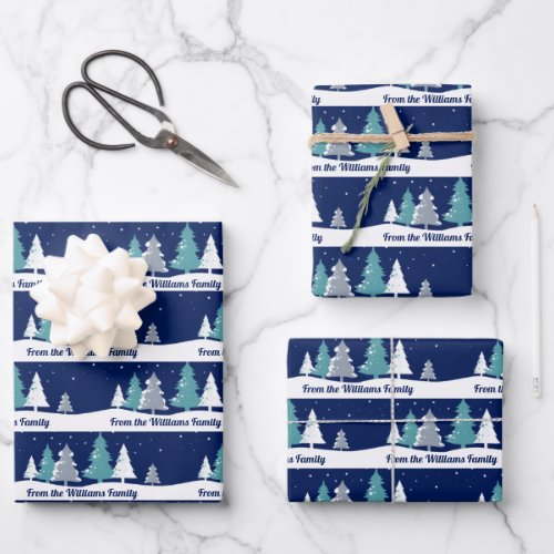 Beautiful Christmas Trees Blue Night Sky Custom Wrapping Paper Sheets