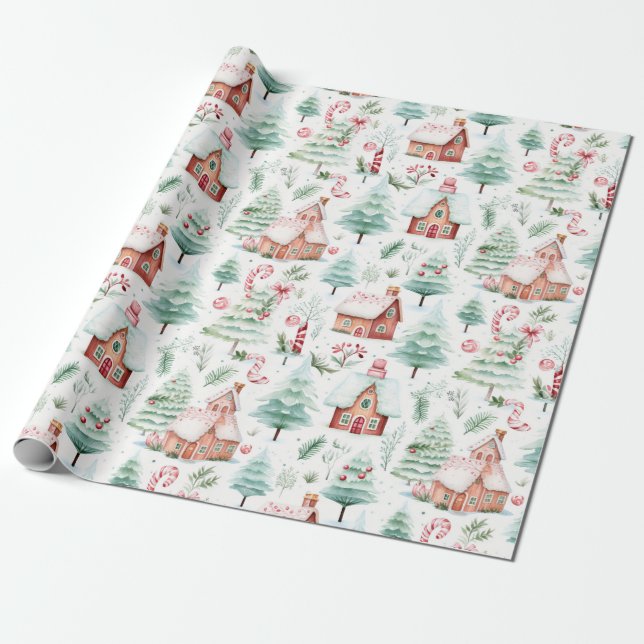 Beautiful Christmas Village Wrapping Paper (Unrolled)