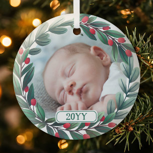 Beautiful Christmas Wreath Add Photo & Year Glass Ornament