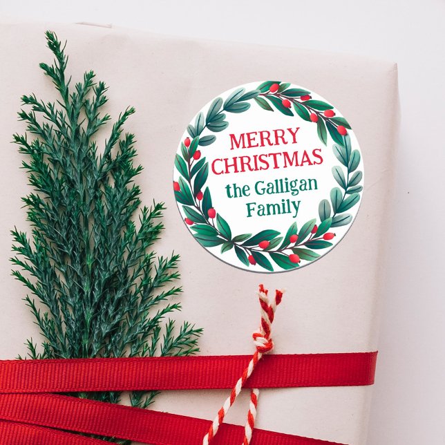 Beautiful Christmas Wreath Merry Christmas From Classic Round Sticker (Creator Uploaded)