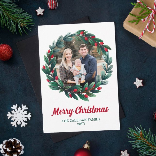 Beautiful Christmas Wreath Merry Christmas Photo Holiday Card (Creator Uploaded)