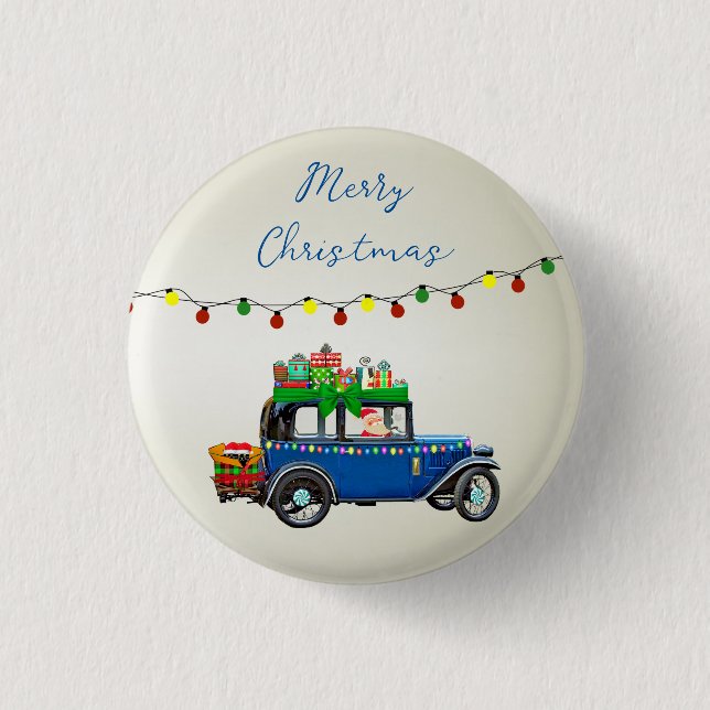 Beautiful, Christms Blue Car with Santa and Gifts Button (Front)