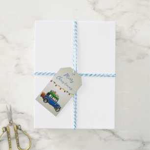 Beautiful, Christms Blue Car with Santa and Gifts Gift Tags