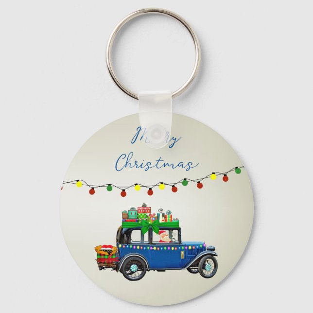 Beautiful, Christms Blue Car with Santa and Gifts Keychain (Front)