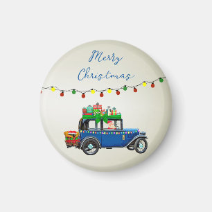 Beautiful, Christms Blue Car with Santa and Gifts  Magnet