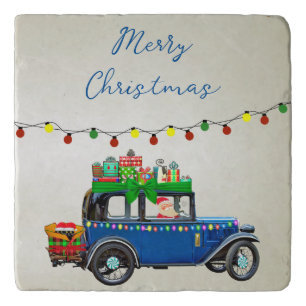Beautiful, Christms Blue Car with Santa and Gifts Trivet