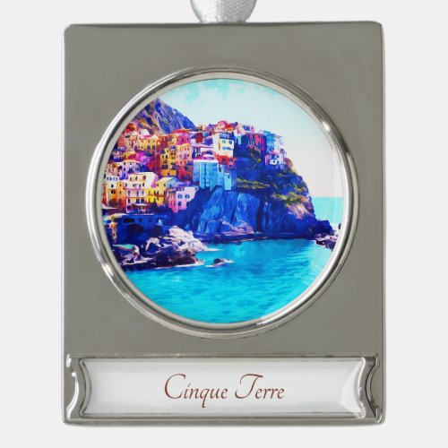 Beautiful Cinque Terre Watercolor Painting Art Silver Plated Banner Ornament