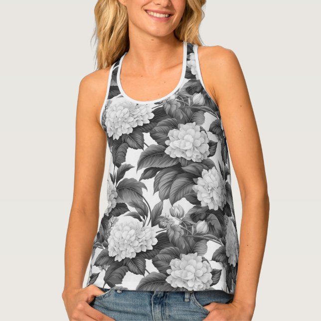 Beautiful classic black and white floral pattern tank top (Front)