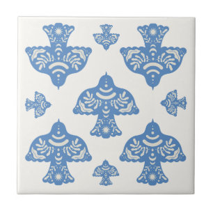 Beautiful classic folk art birds cream white Blue Ceramic Tile