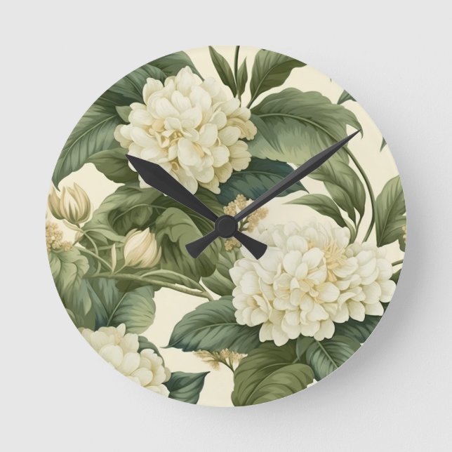 Beautiful classic white floral pattern round clock (Front)