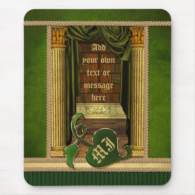 Beautiful Classical Library Old Books Green Drapes Mouse Pad (Front)