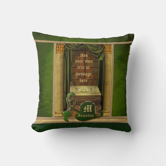 Beautiful Classical Library Old Books Green Drapes Throw Pillow (Front)