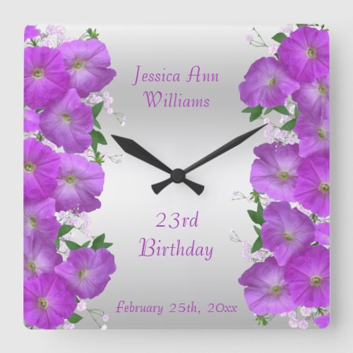 Beautiful Classy Petunias Floral Birthday Square Wall Clock